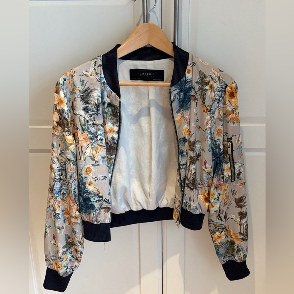 Zara Floral Bomber Jacket - Light Gray with Yellow & Blue Florals
